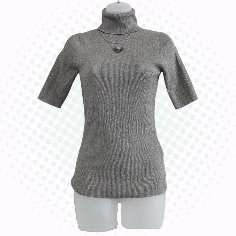 3.1 Phillip Lim Metallic Silver Short Sleeve Knit Turtleneck Sweater Top Size PS